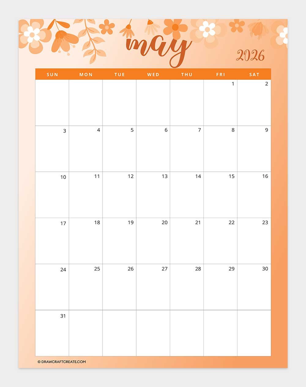 printable may 2026 calendar template