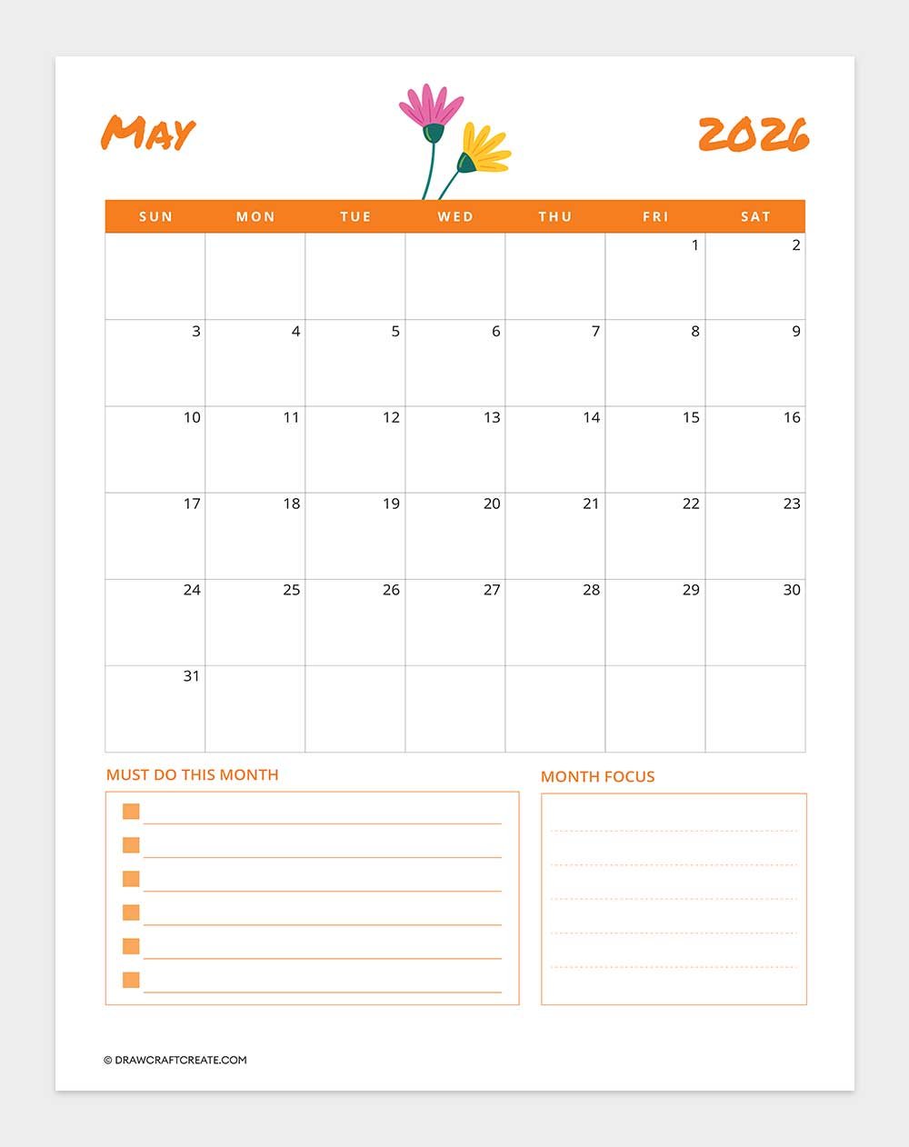 printable may 2026 calendar template