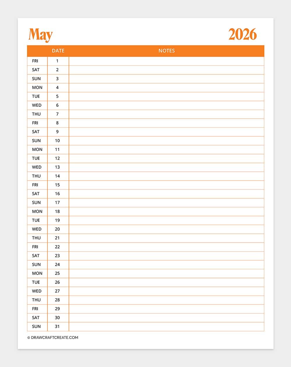 printable may 2026 calendar template