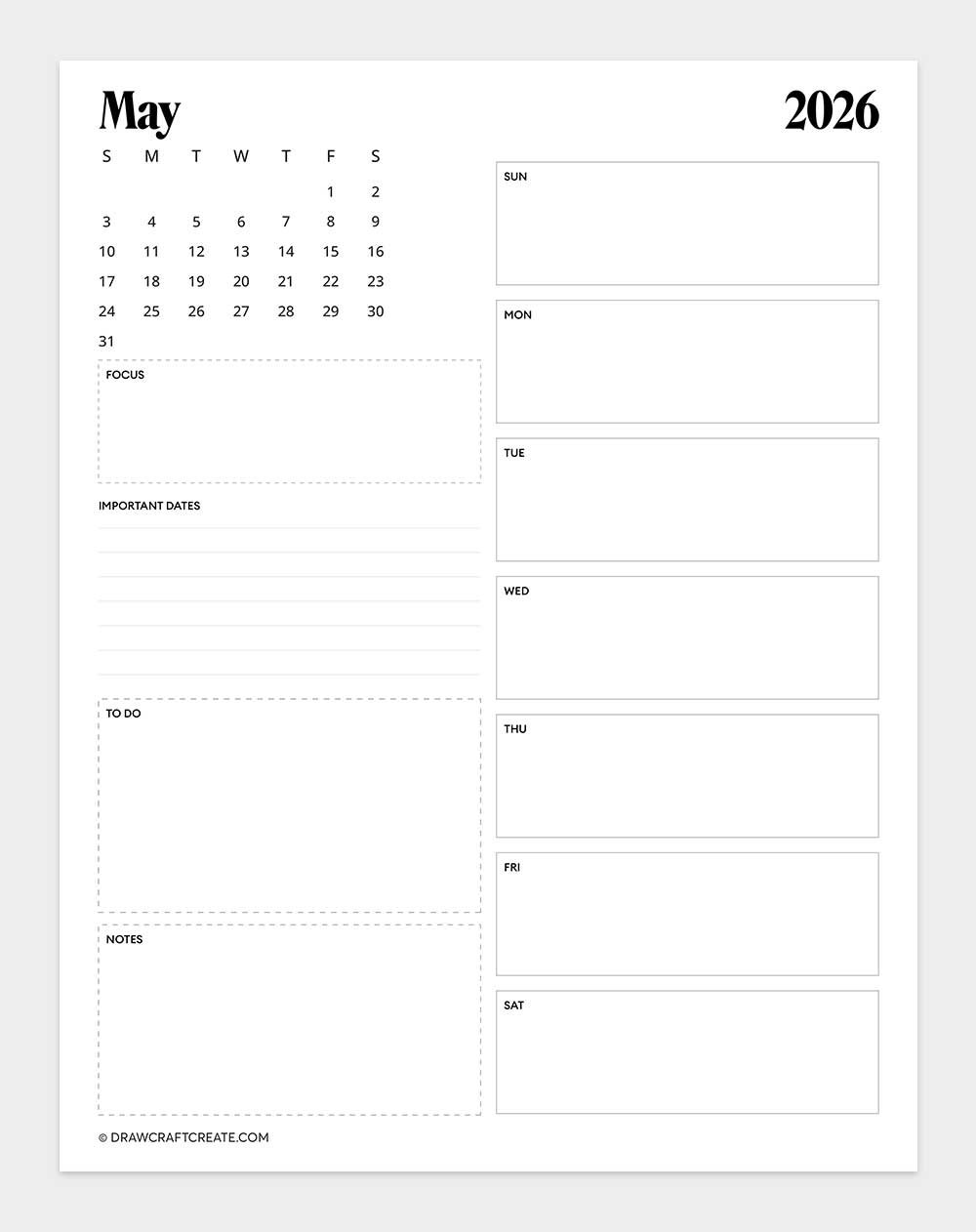 printable may 2026 calendar template