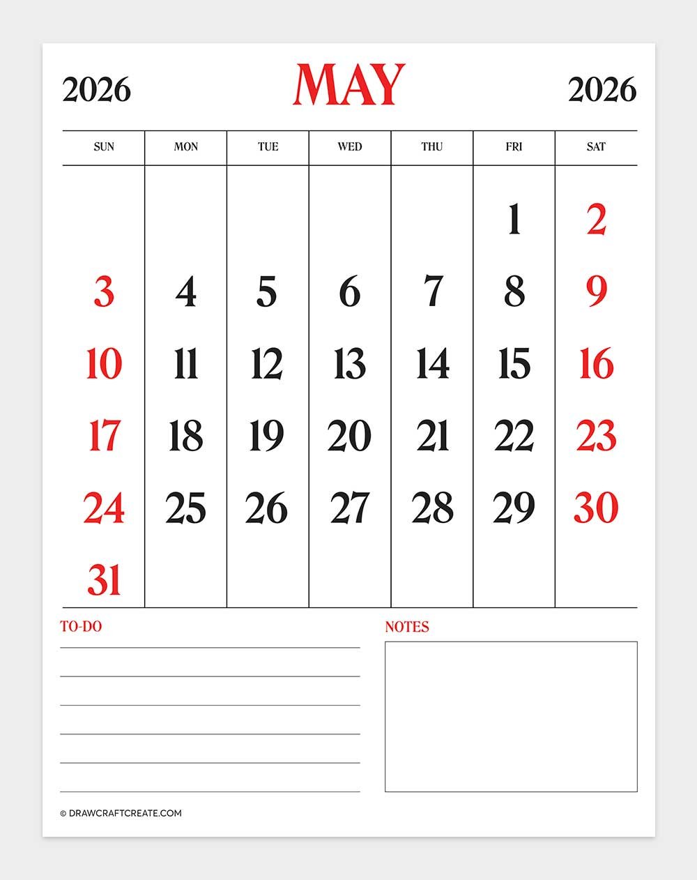 printable may 2026 calendar template