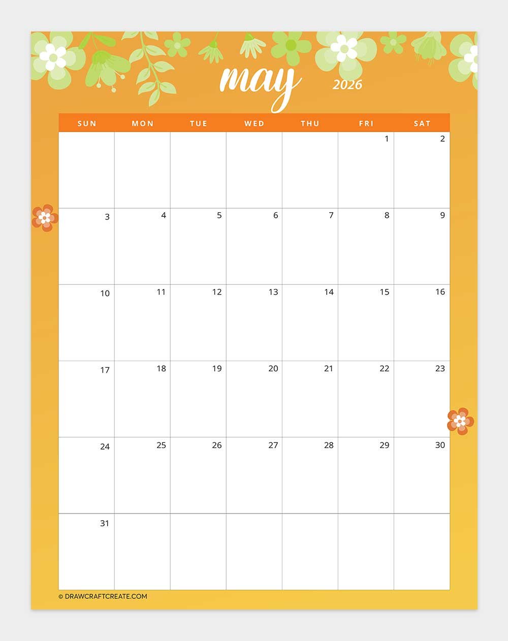 printable may 2026 calendar template