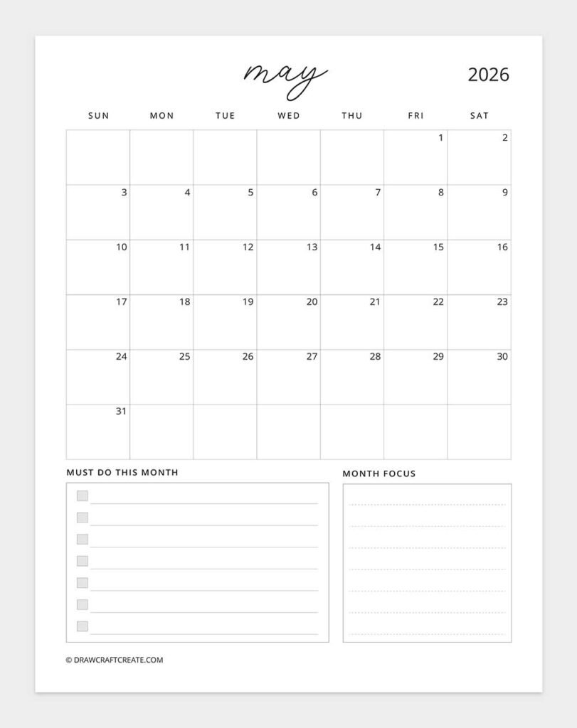 Free Printable May 2026 Calendars (43 Design) - Draw Craft Create