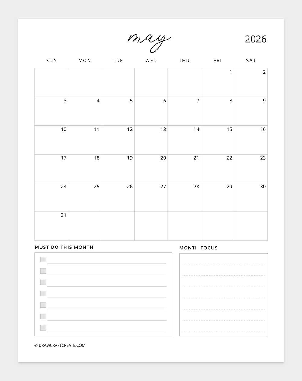 printable may 2026 calendar template