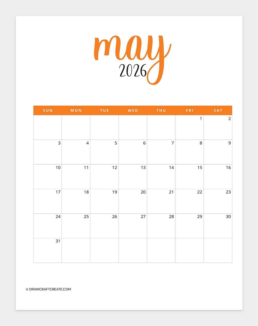 printable may 2026 calendar template