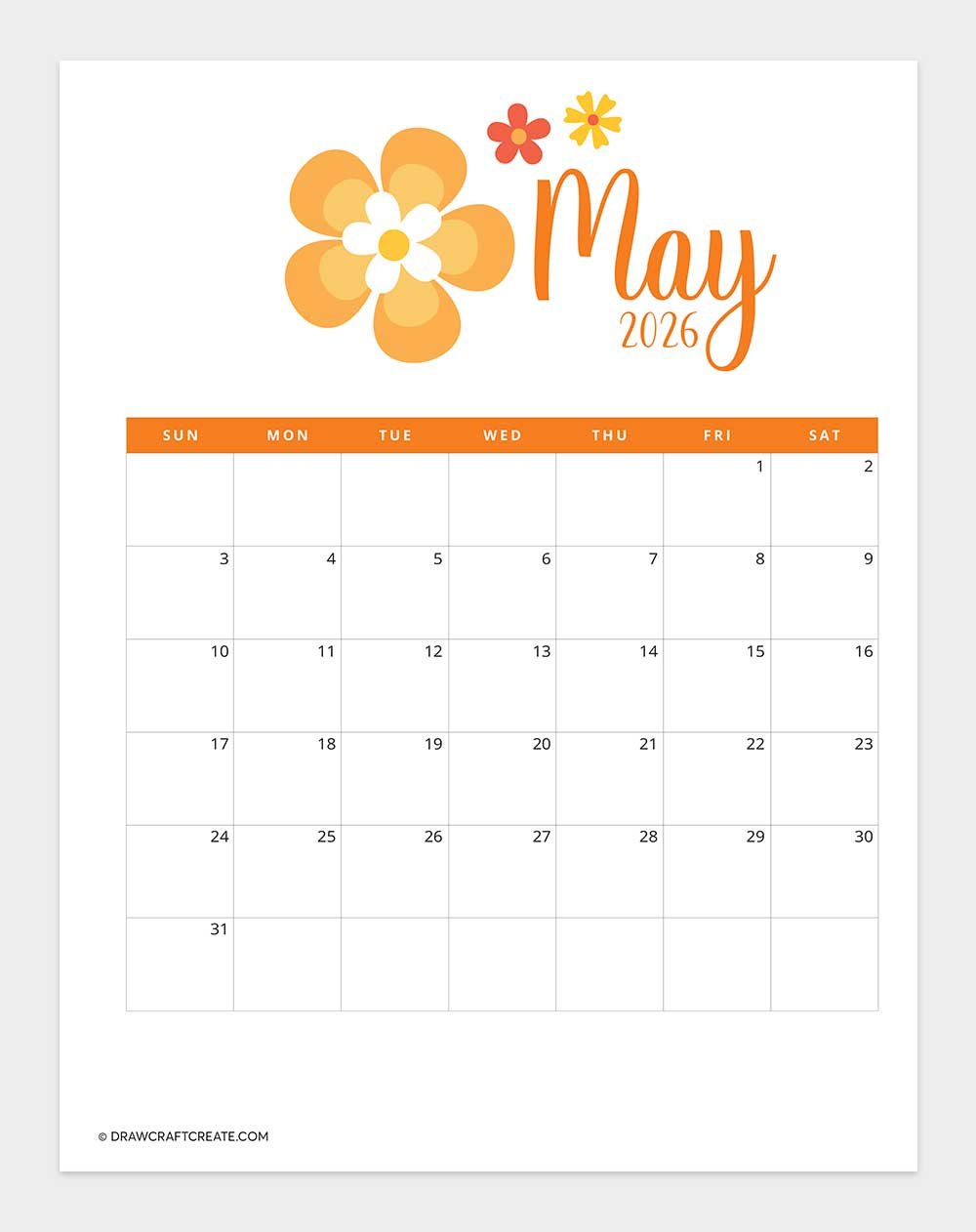 printable may 2026 calendar template