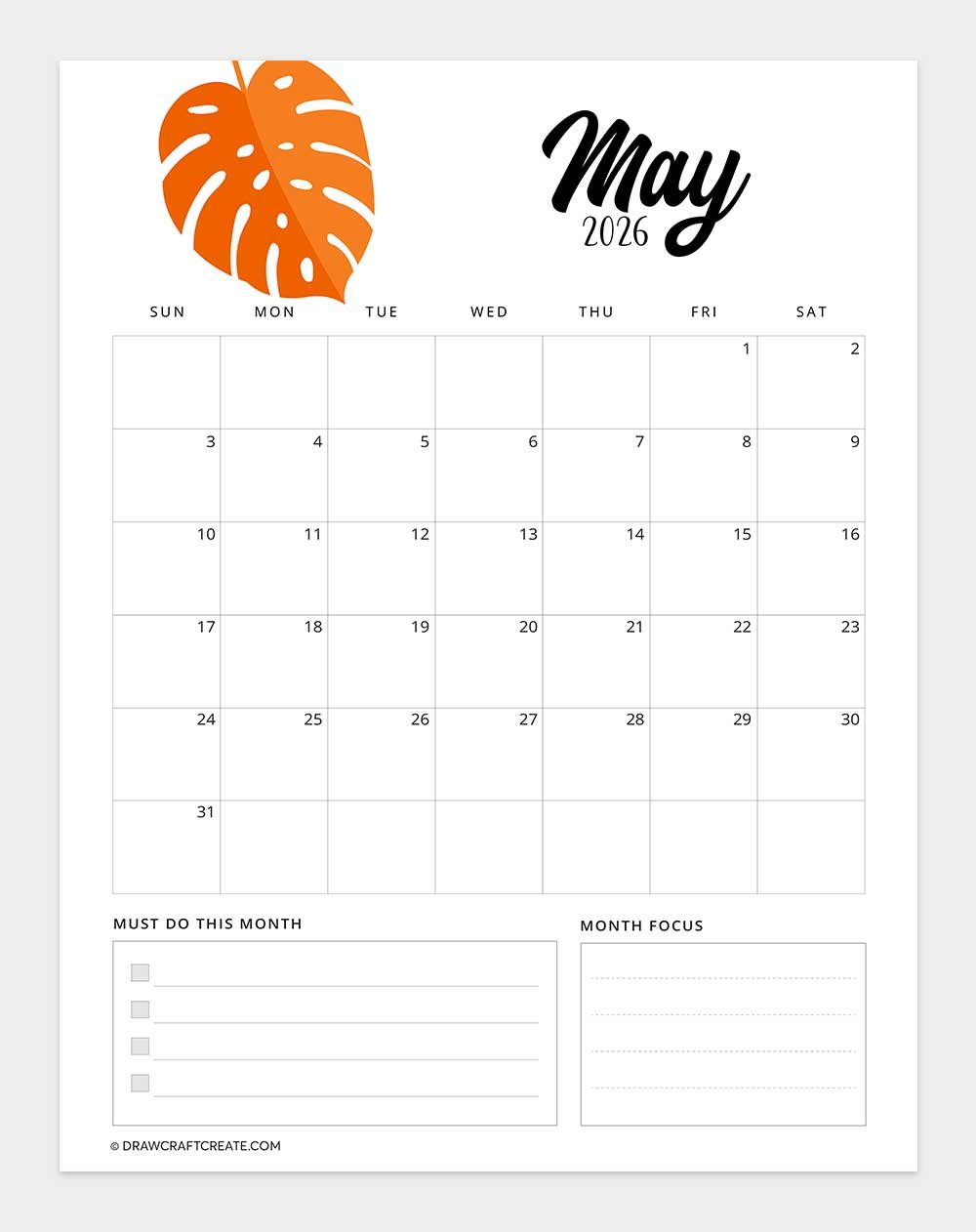 printable may 2026 calendar template