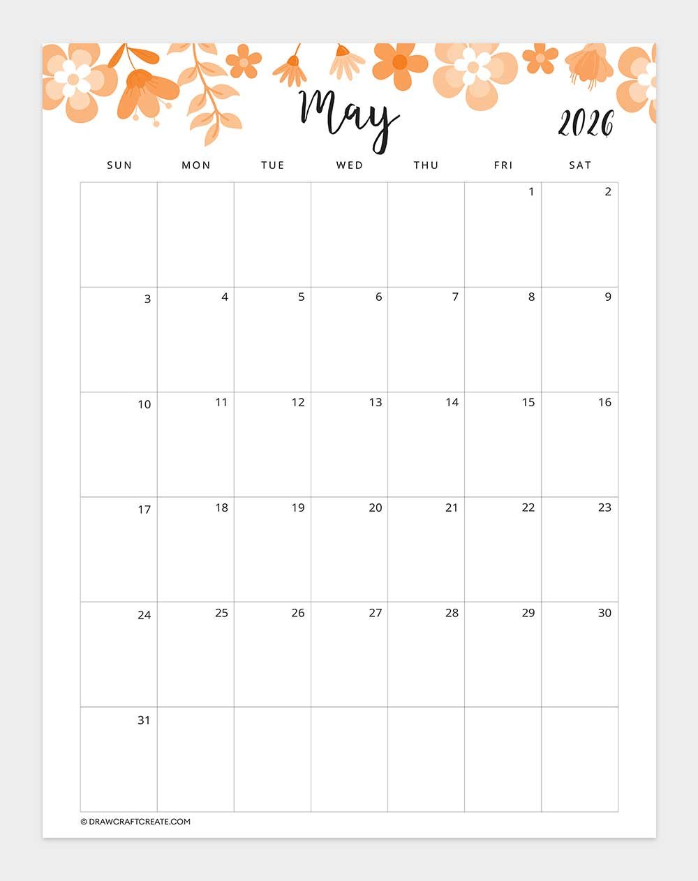 printable may 2026 calendar template