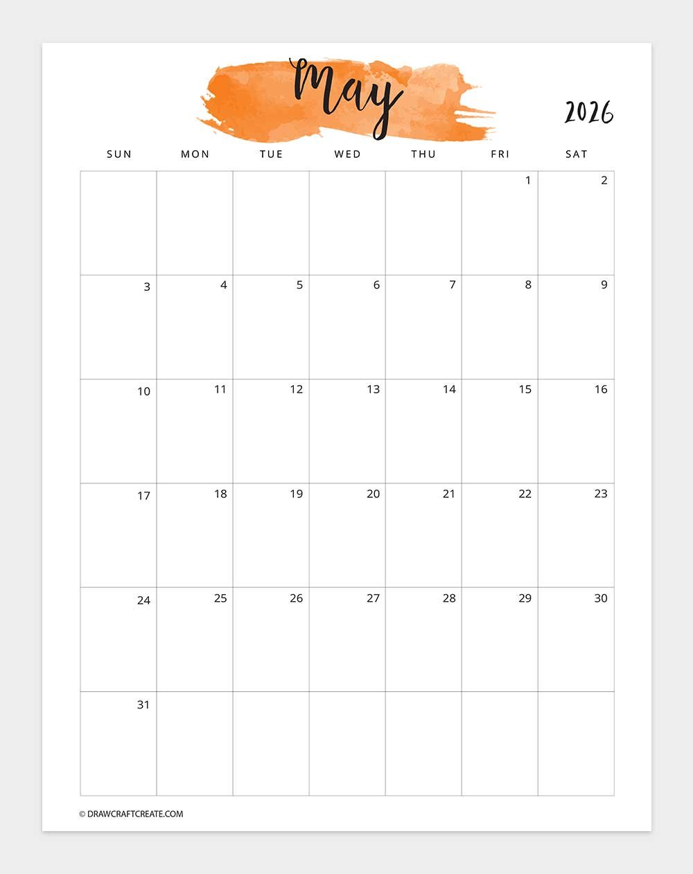 printable may 2026 calendar template