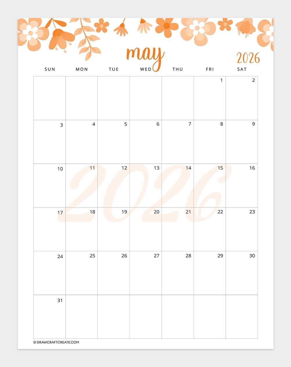 printable may 2026 calendar template