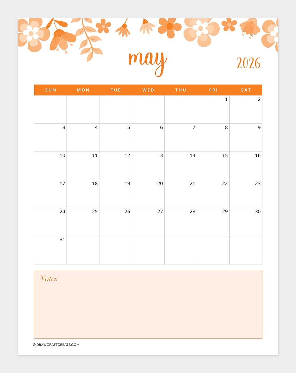 printable may 2026 calendar template