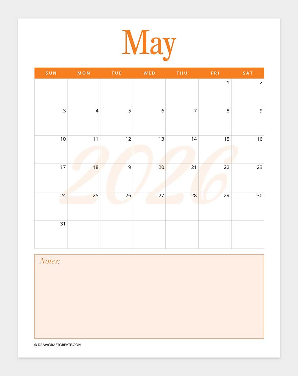 printable may 2026 calendar template