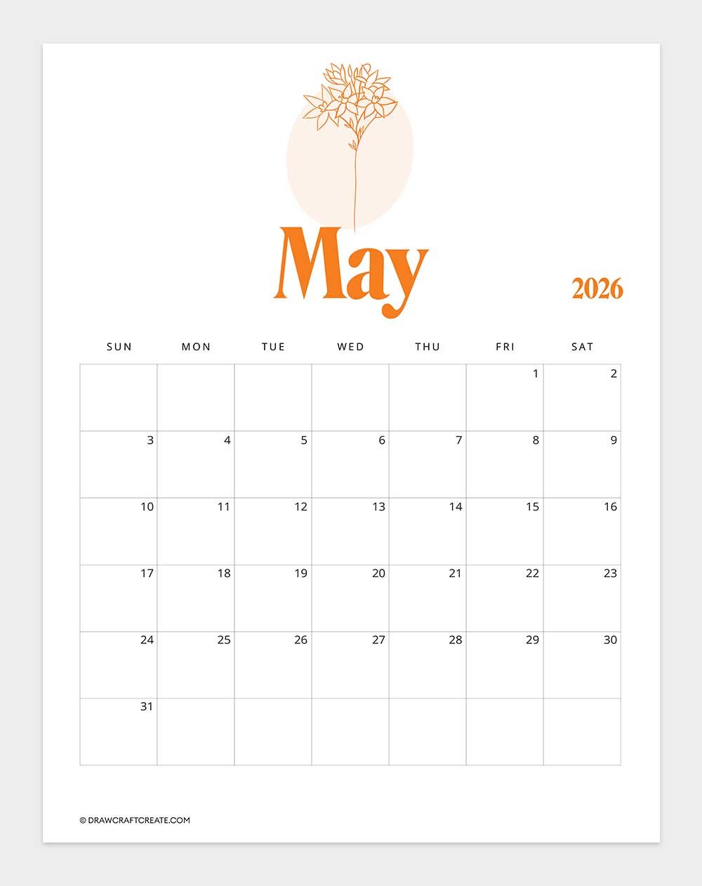printable may 2026 calendar template