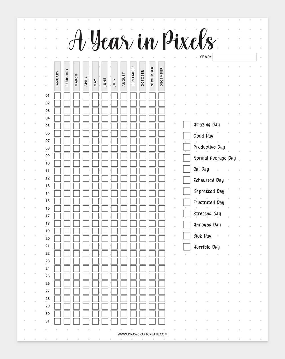 printable year in pixels