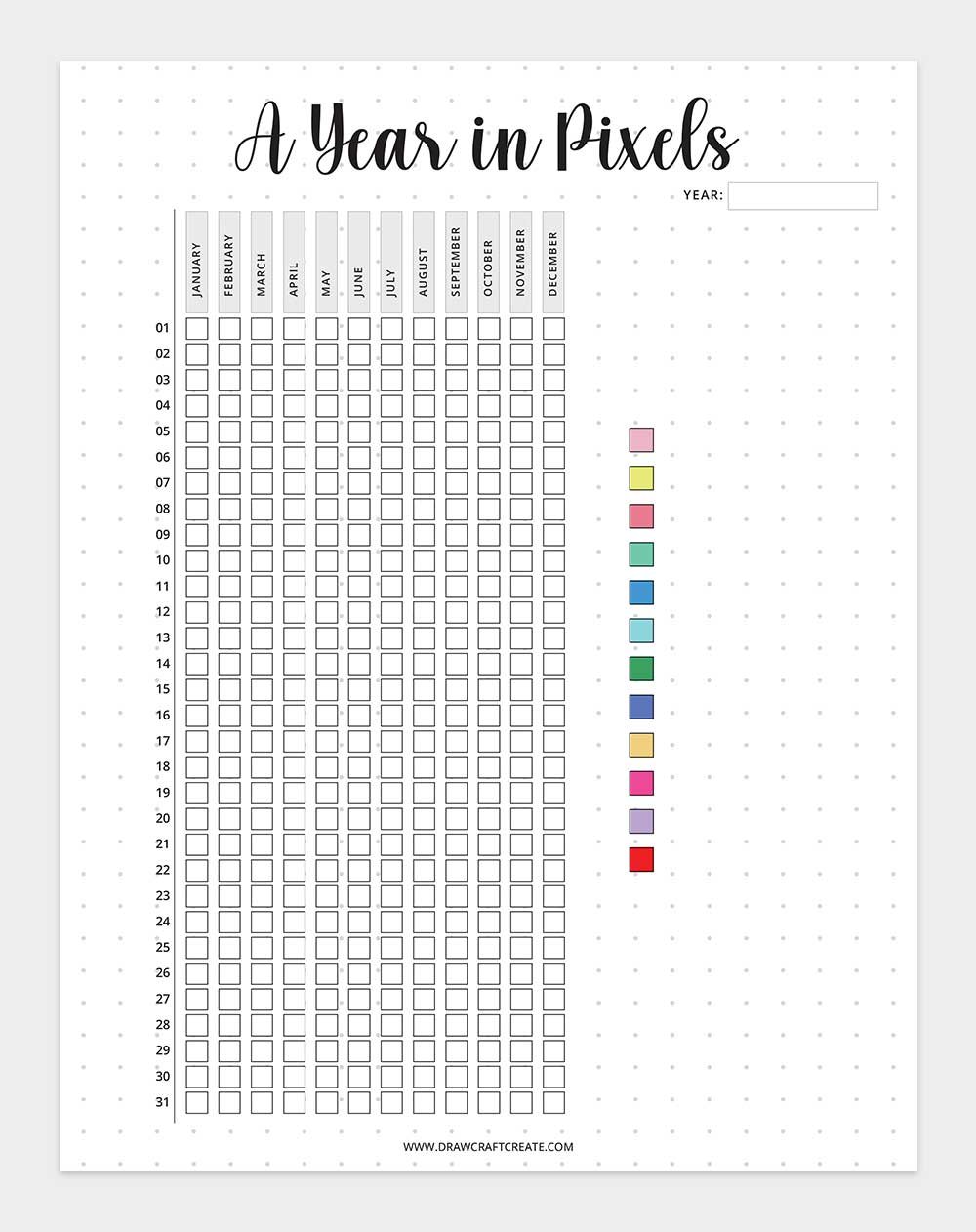 printable year in pixels