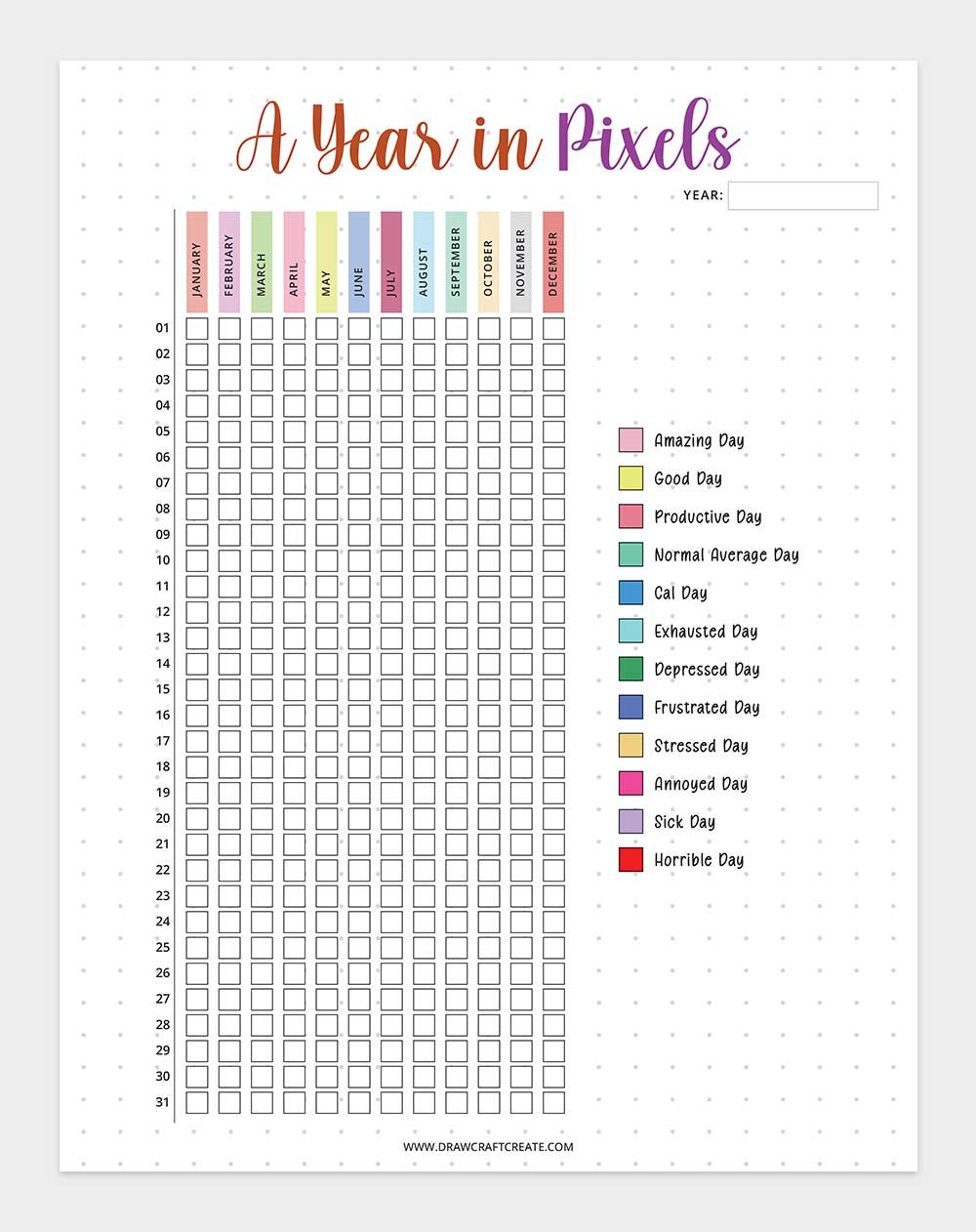 printable year in pixels