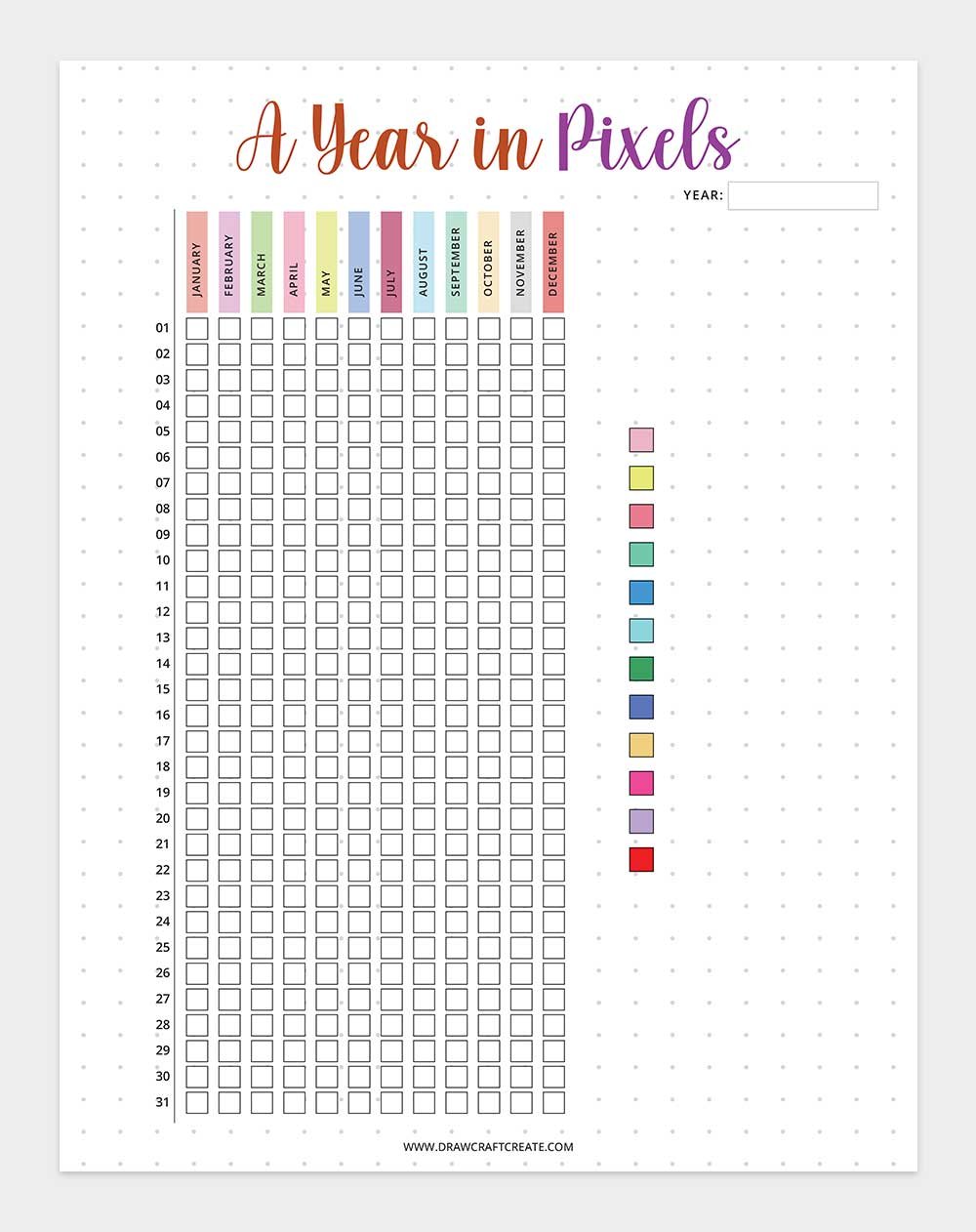 printable year in pixels