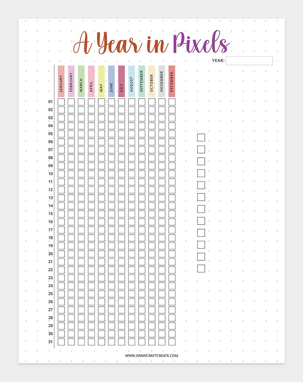 printable year in pixels