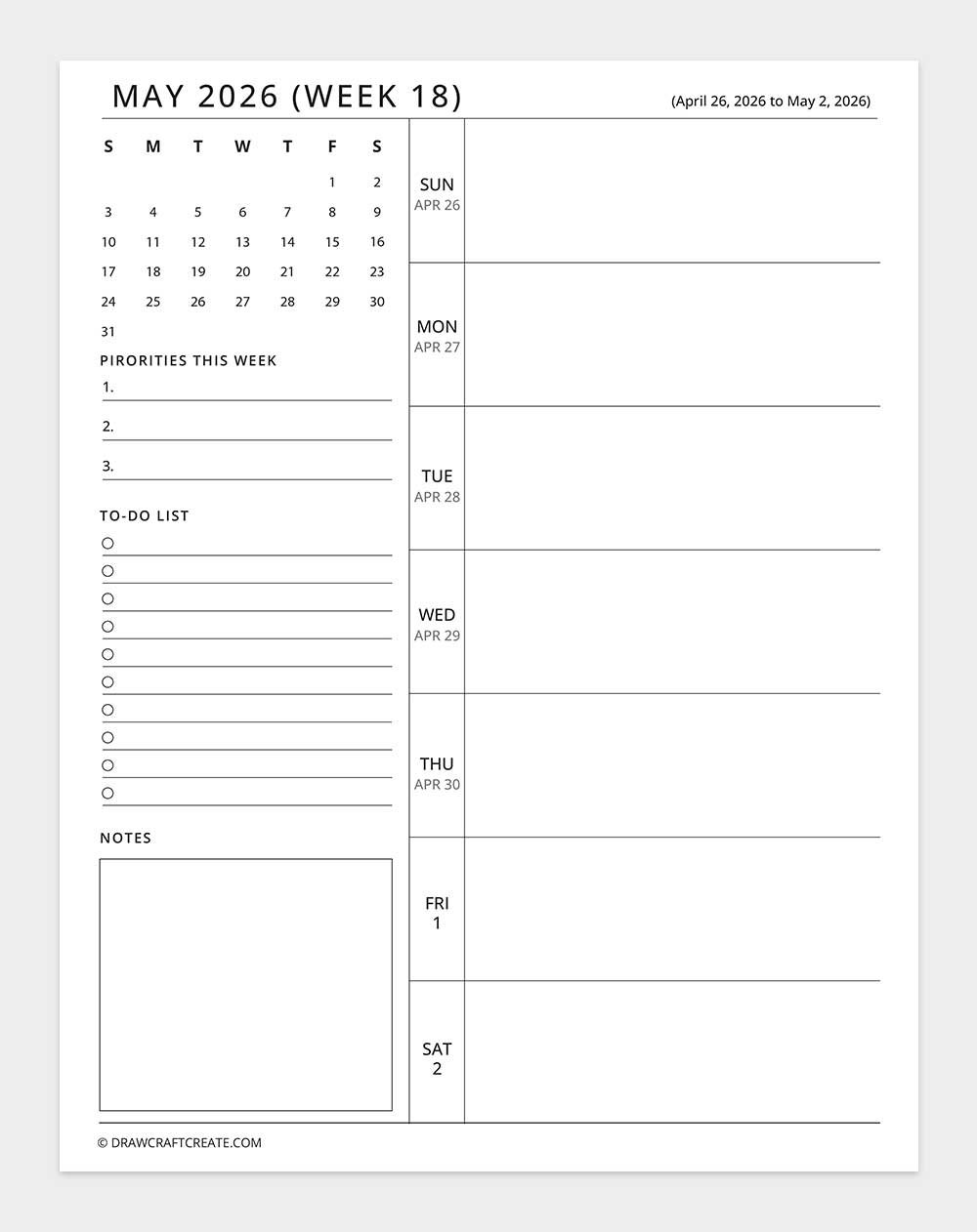 may 2026 weekly planner