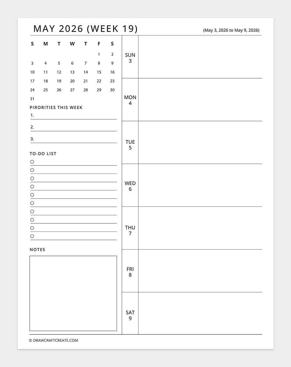 may 2026 weekly planner