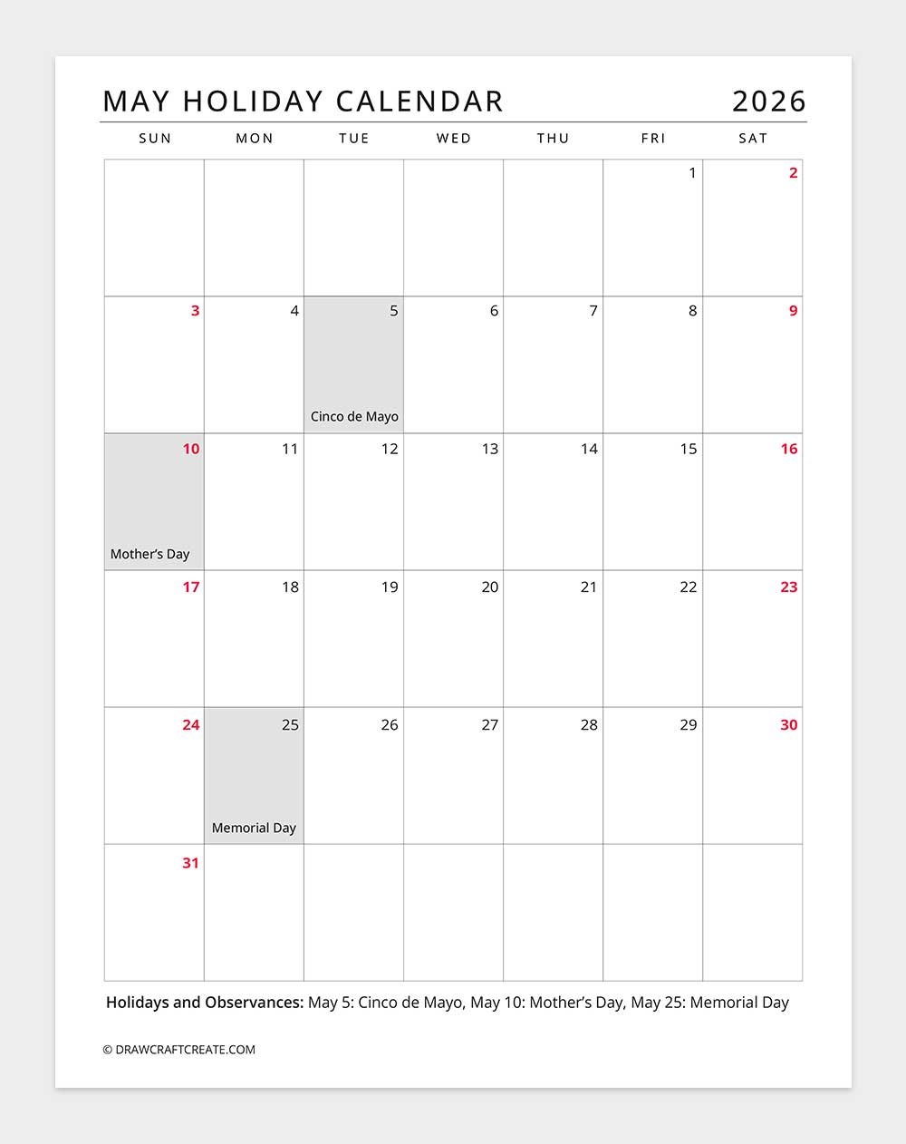 may 2026 holiday calendar