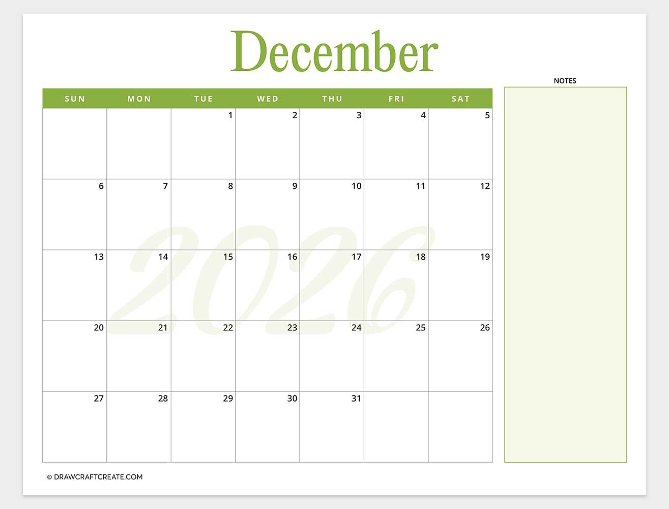 printable december 2026 calendar
