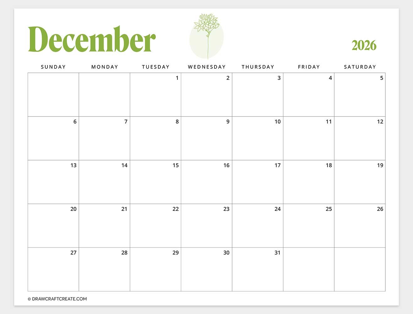 printable december 2026 calendar