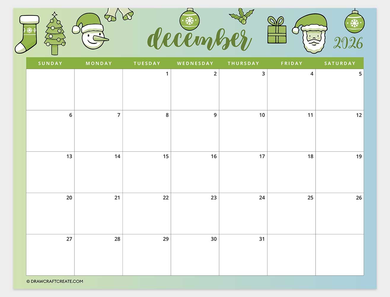 printable december 2026 calendar