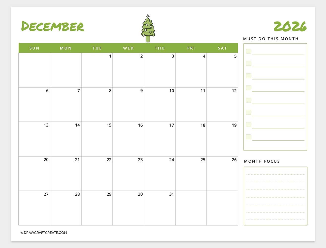 printable december 2026 calendar
