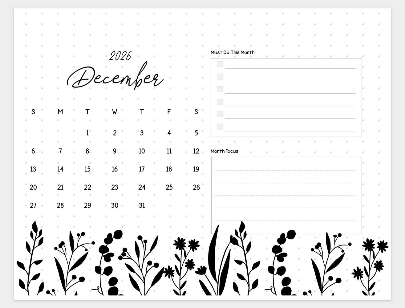 printable december 2026 calendar