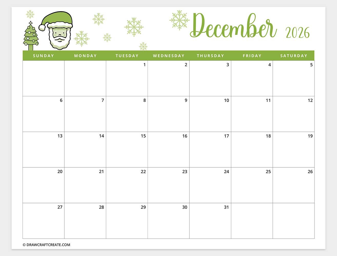 printable december 2026 calendar