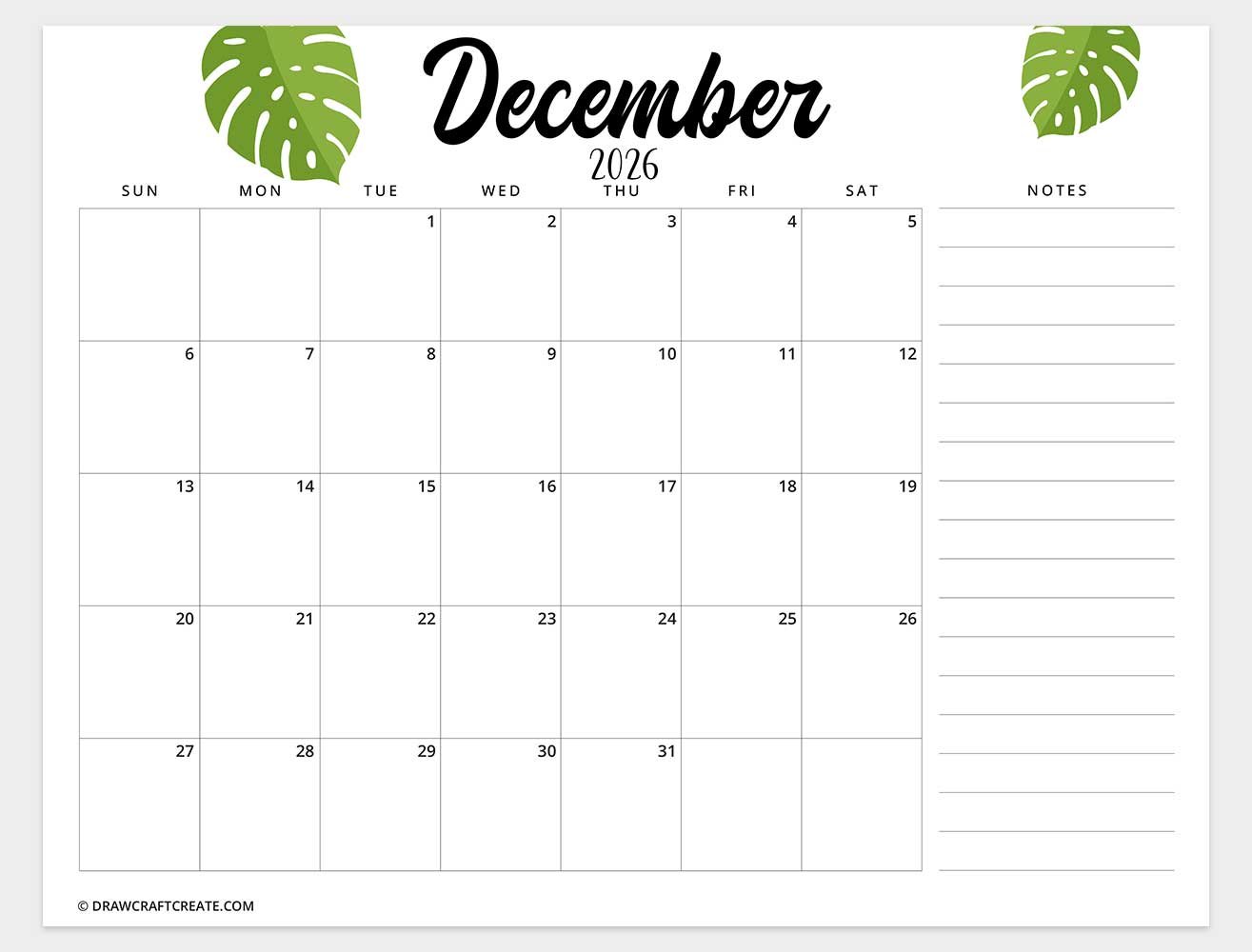 printable december 2026 calendar