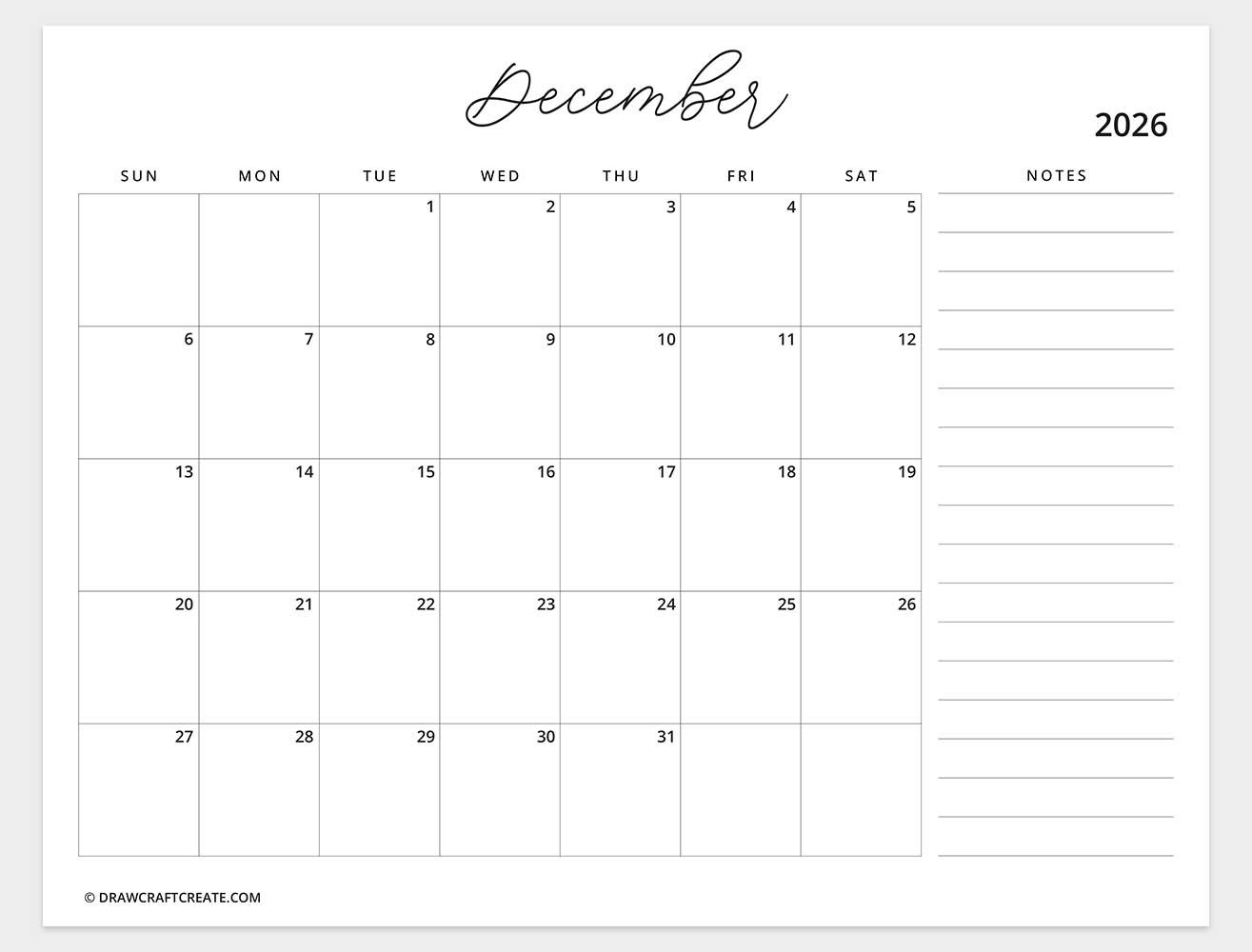 printable december 2026 calendar