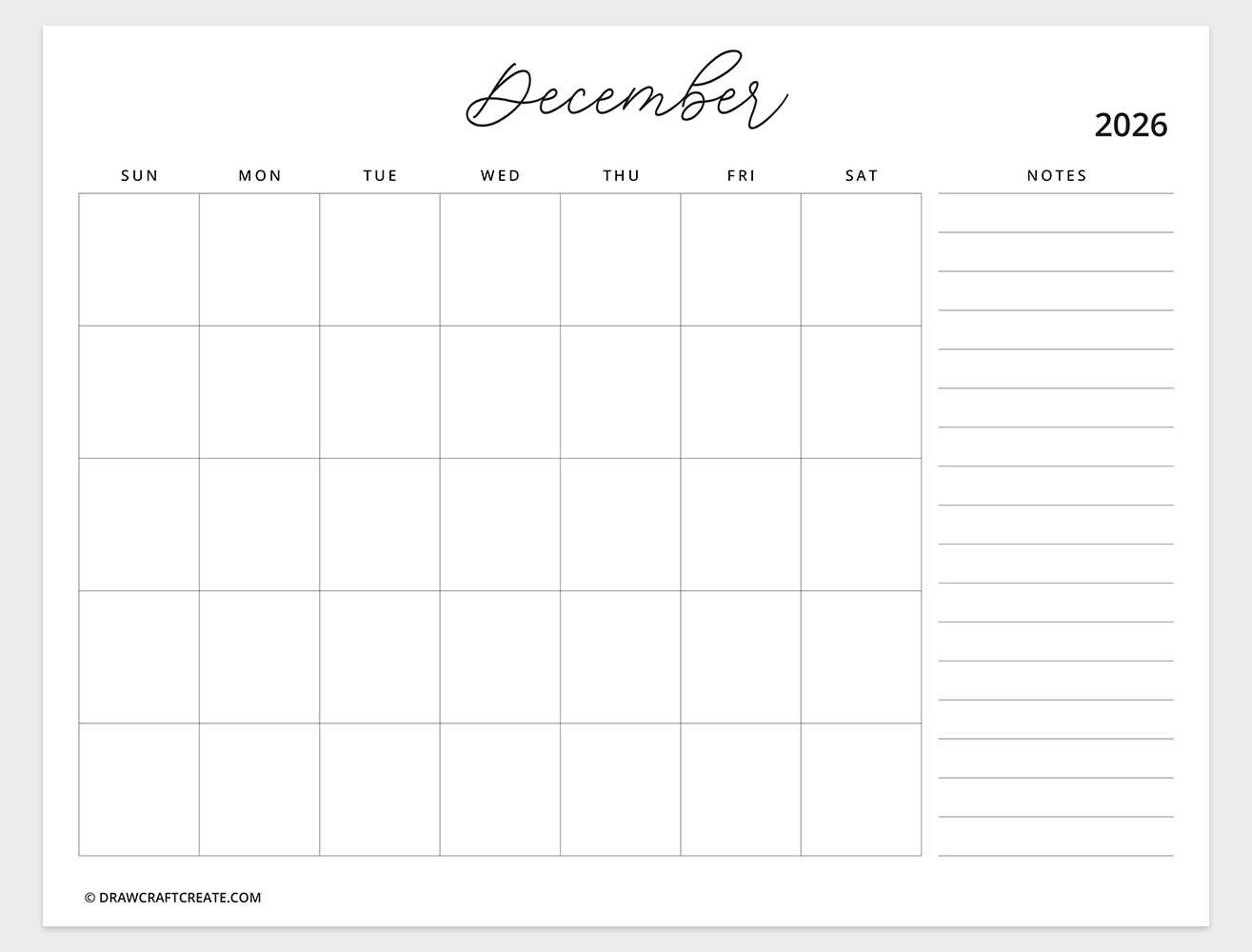 printable december 2026 calendar