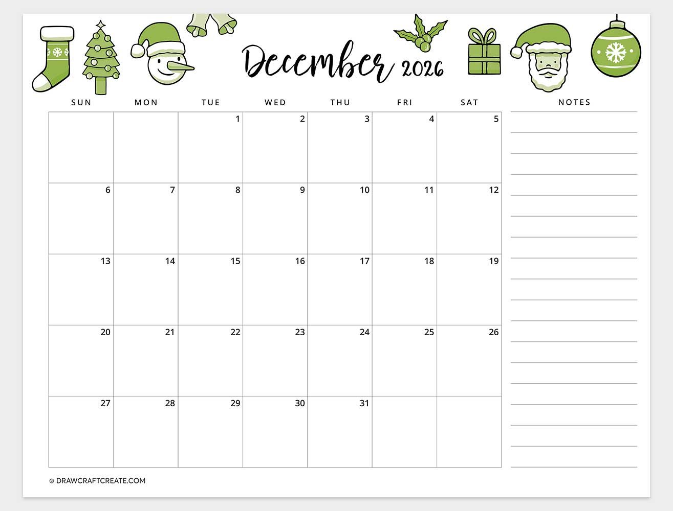 printable december 2026 calendar