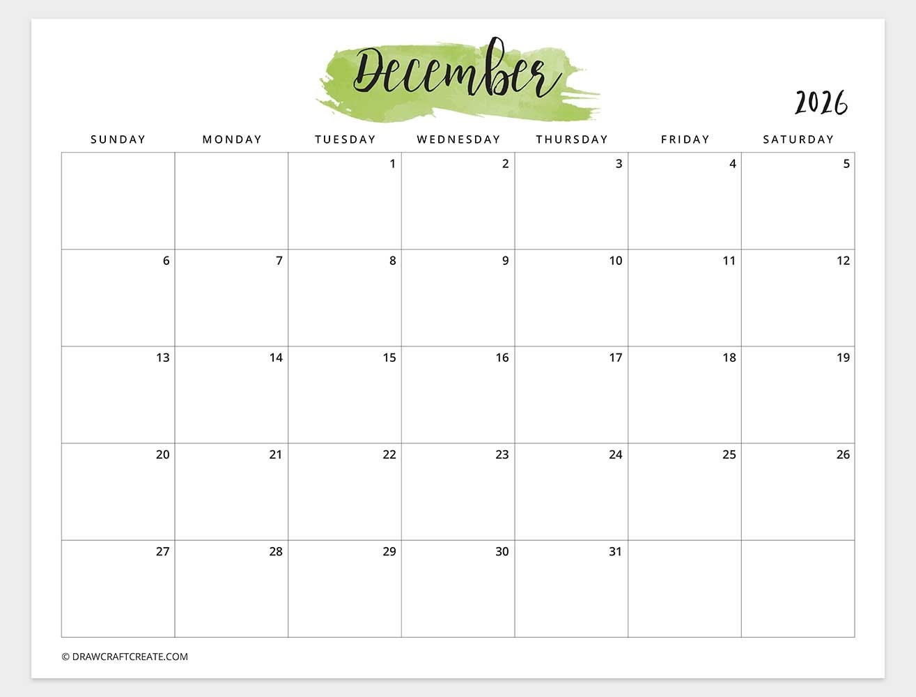 printable december 2026 calendar