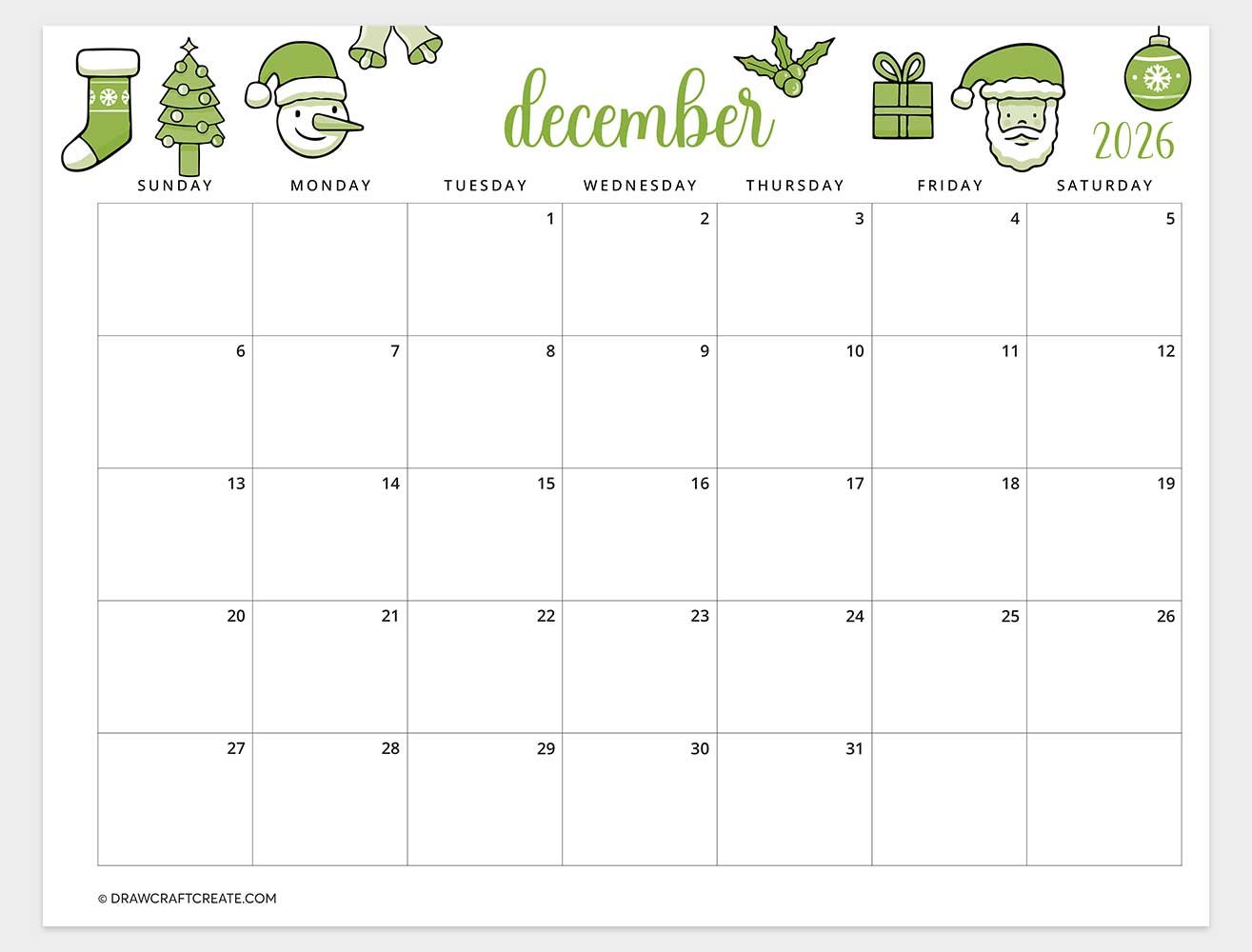 printable december 2026 calendar