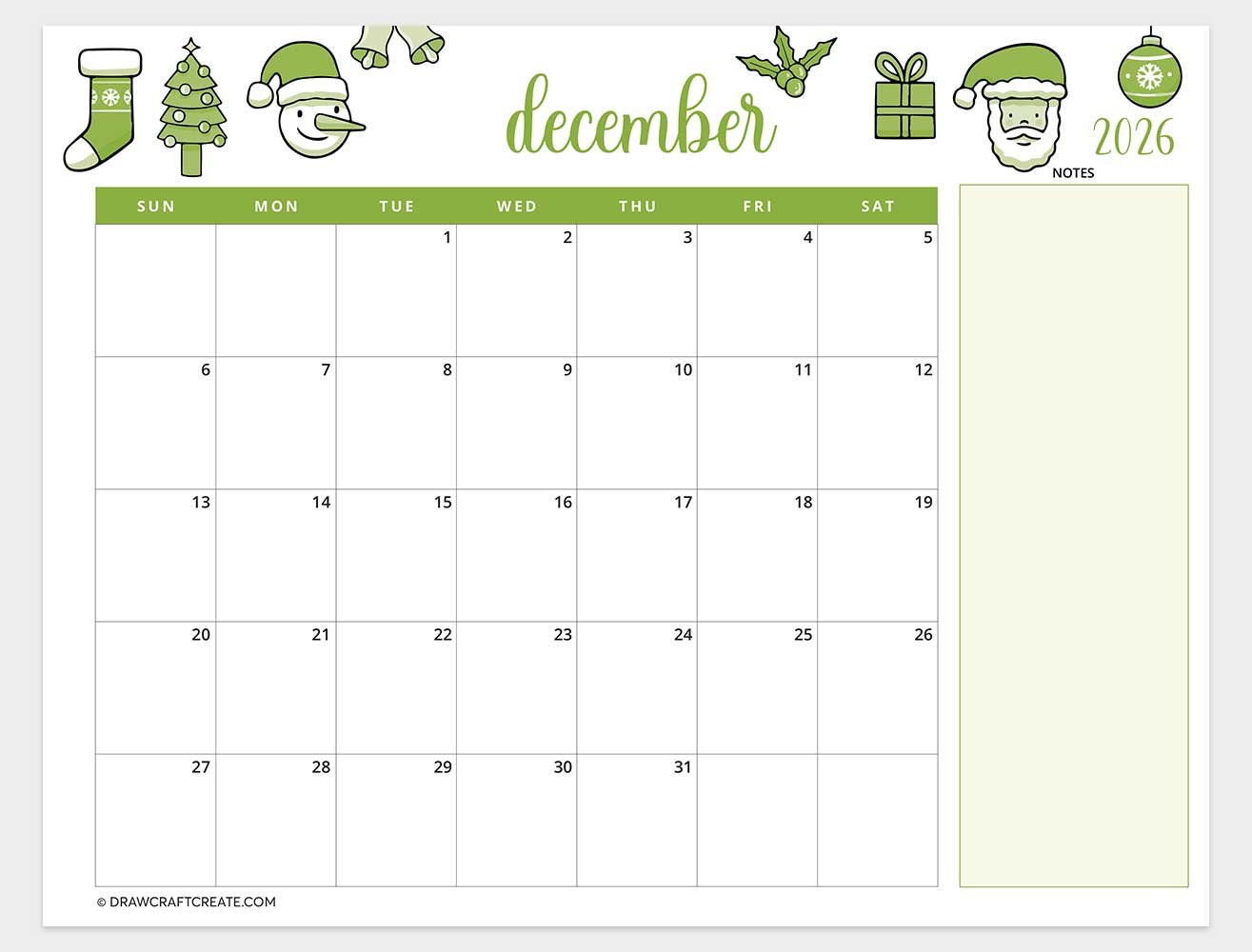 printable december 2026 calendar