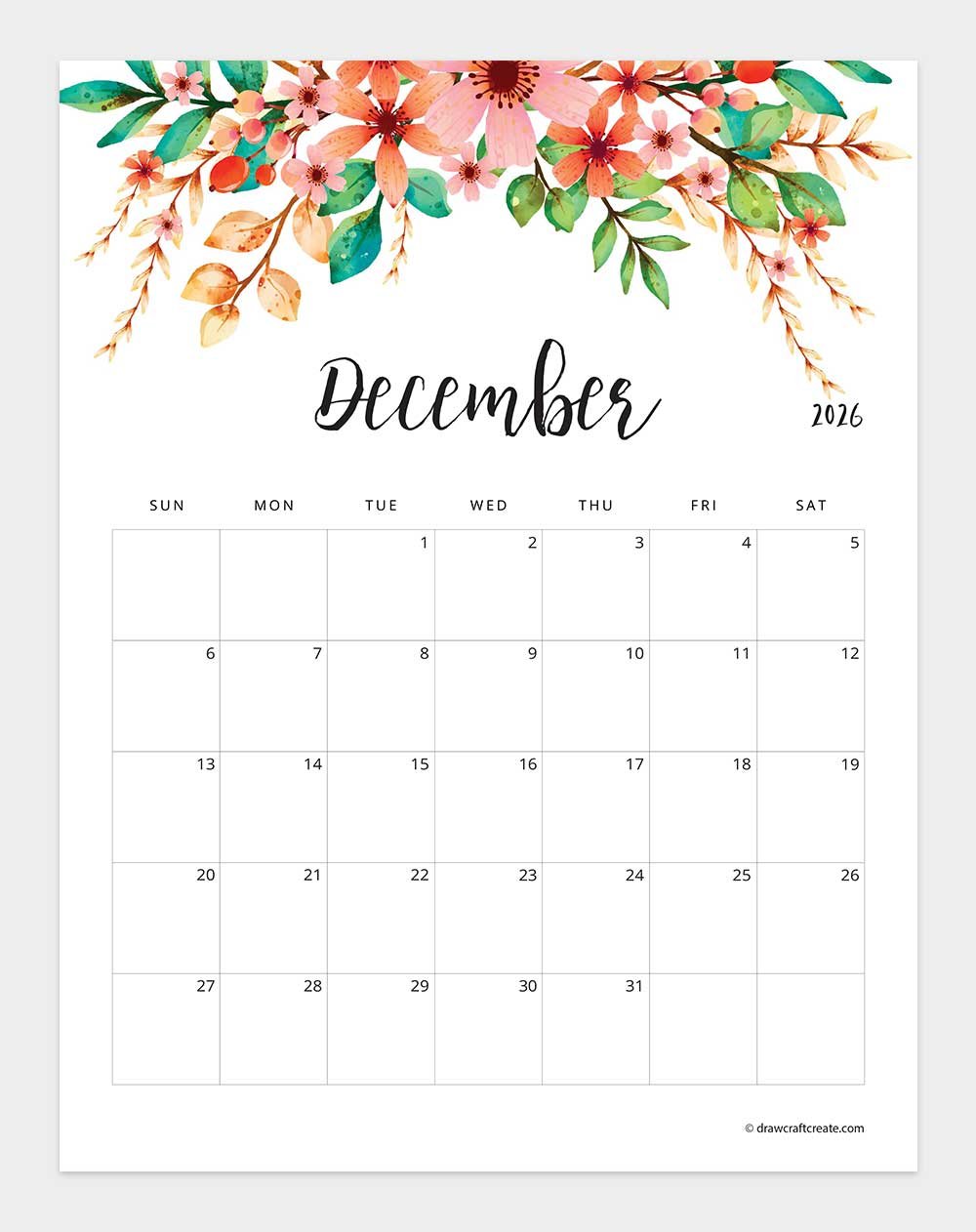printable december 2026 calendar