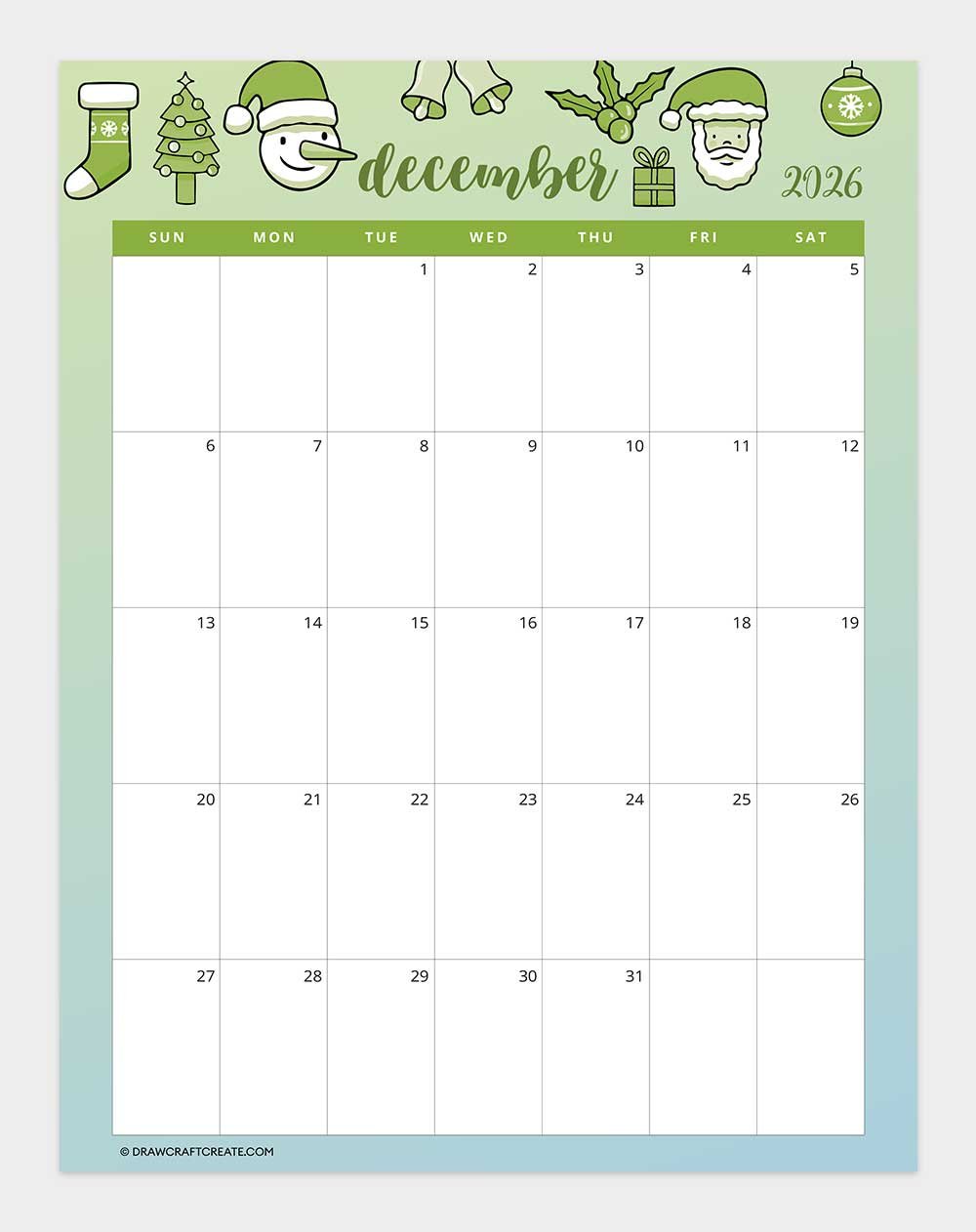 printable december 2026 calendar