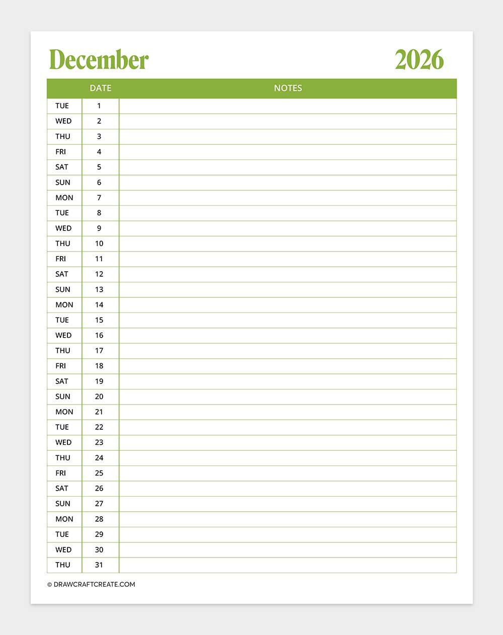 printable december 2026 calendar