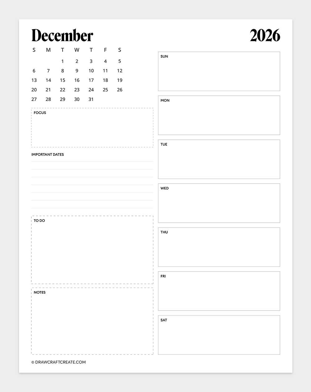 printable december 2026 calendar