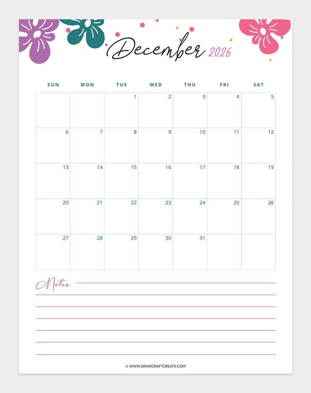 printable december 2026 calendar