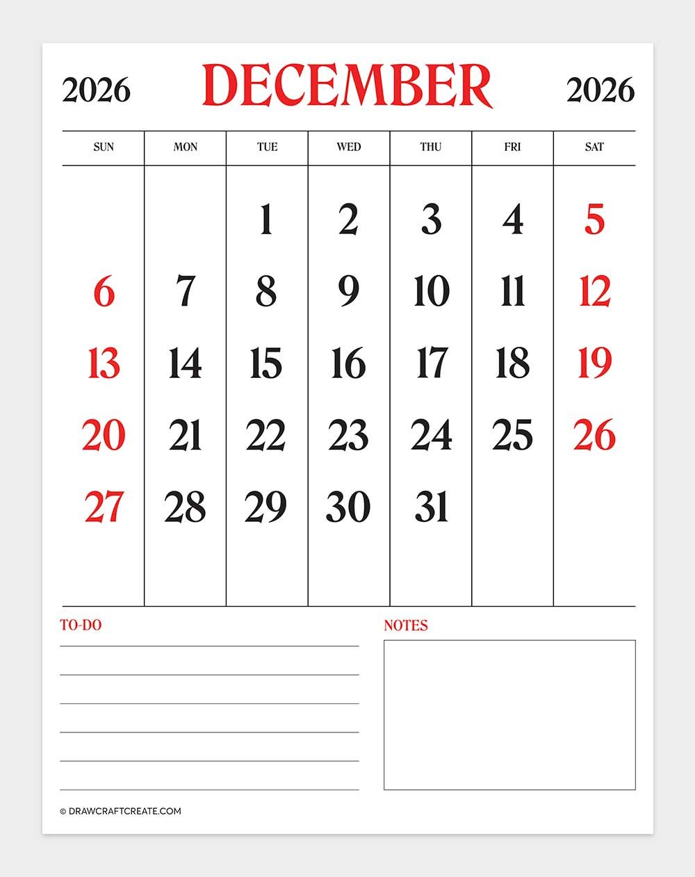 printable december 2026 calendar