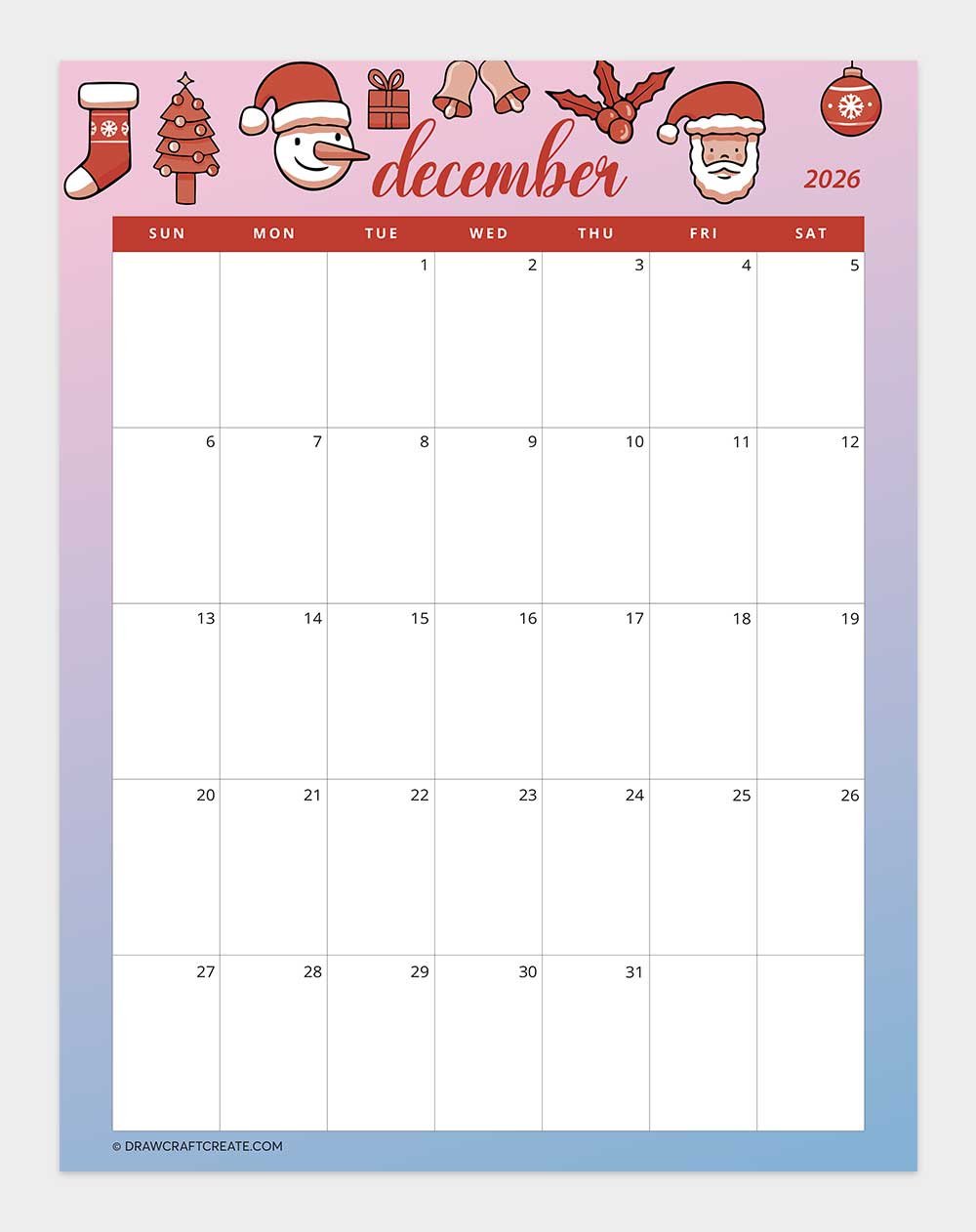 printable december 2026 calendar