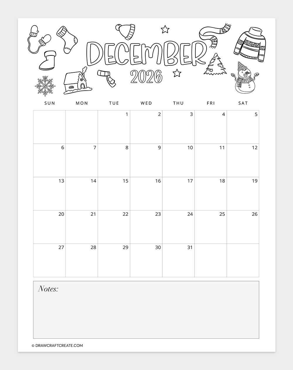 printable december 2026 calendar