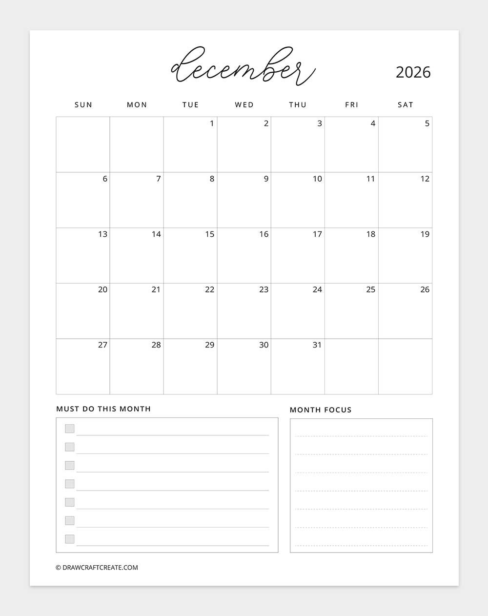 printable december 2026 calendar