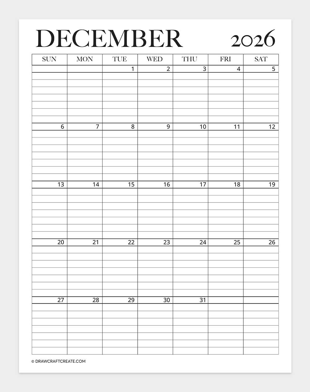 printable december 2026 calendar