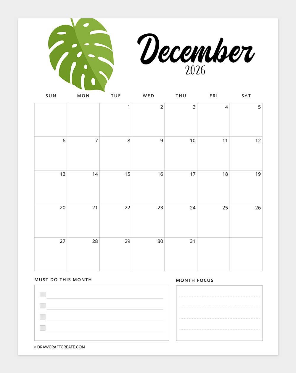 printable december 2026 calendar