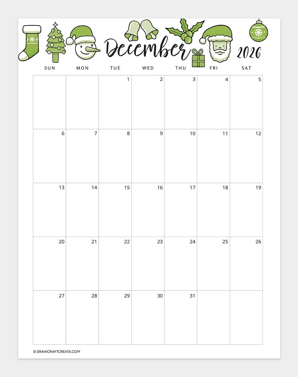 printable december 2026 calendar